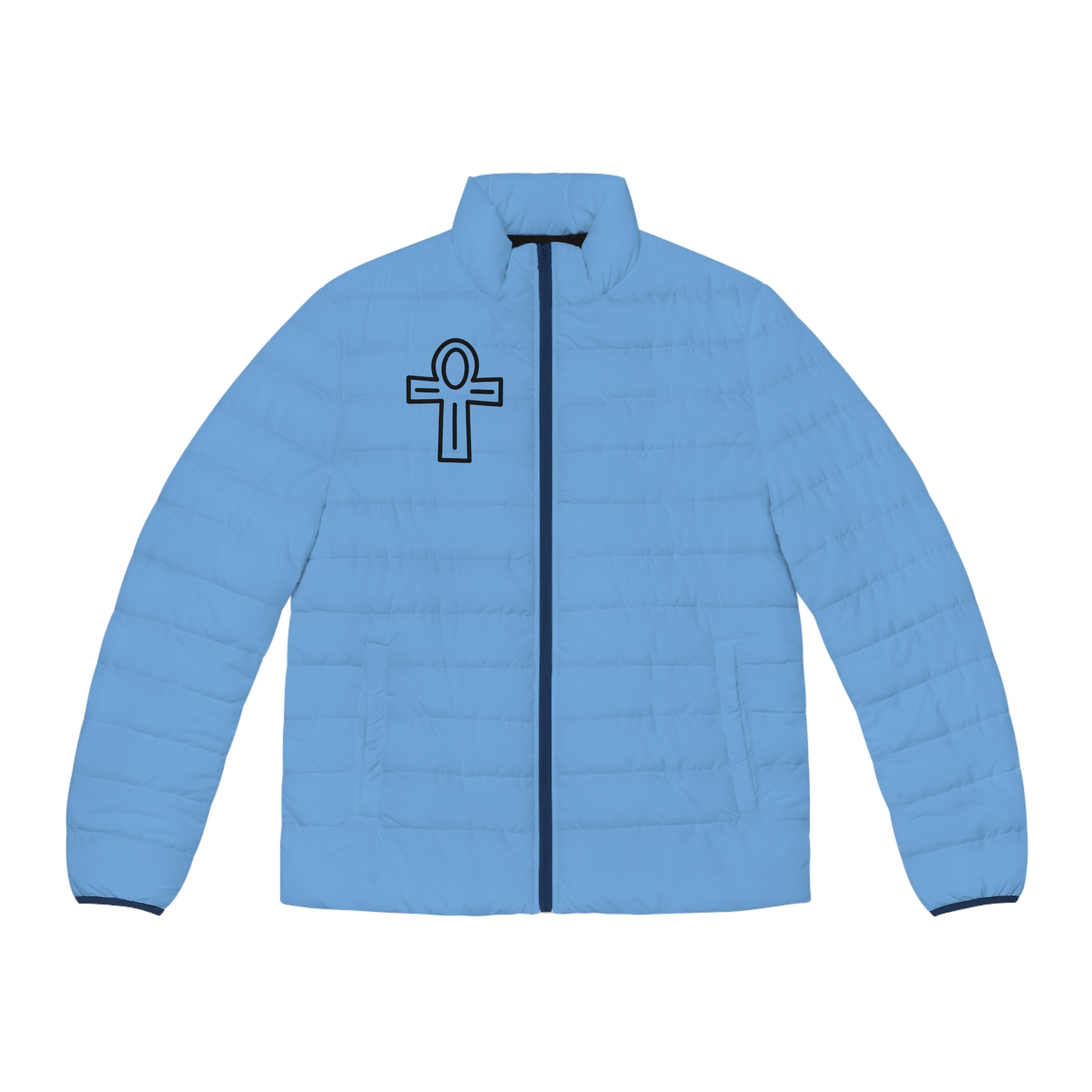 Ankh & Sacred Geometry Puffer Jacket — Men's Light Blue Insulated Coat