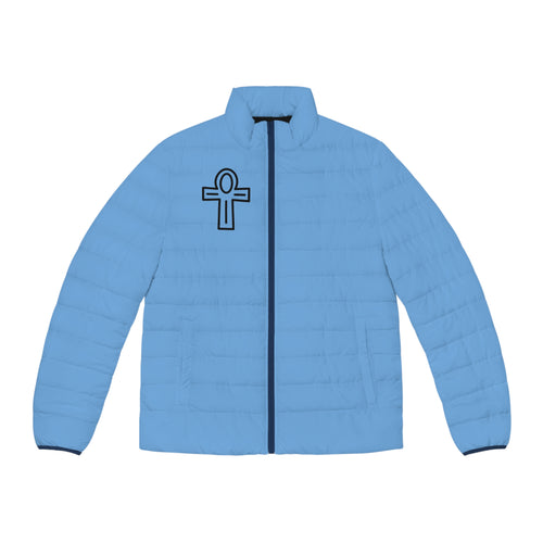 Ankh & Sacred Geometry Puffer Jacket — Men's Light Blue Insulated Coat