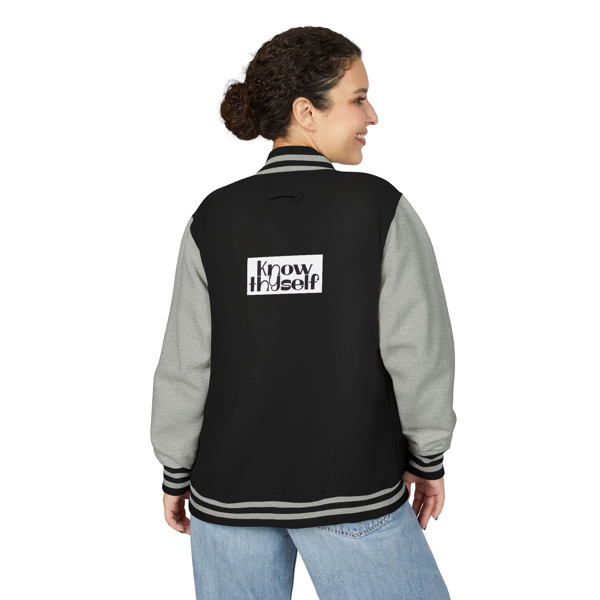 Ankh Letterman Jacket — Retro Black & White Varsity Jacket with Golden Ankh Patch