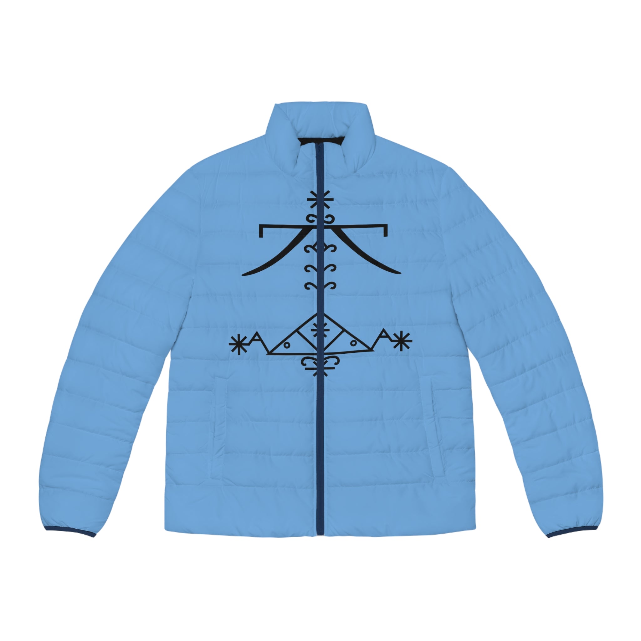 Ankh & Sacred Geometry Puffer Jacket — Men's Light Blue Insulated Coat