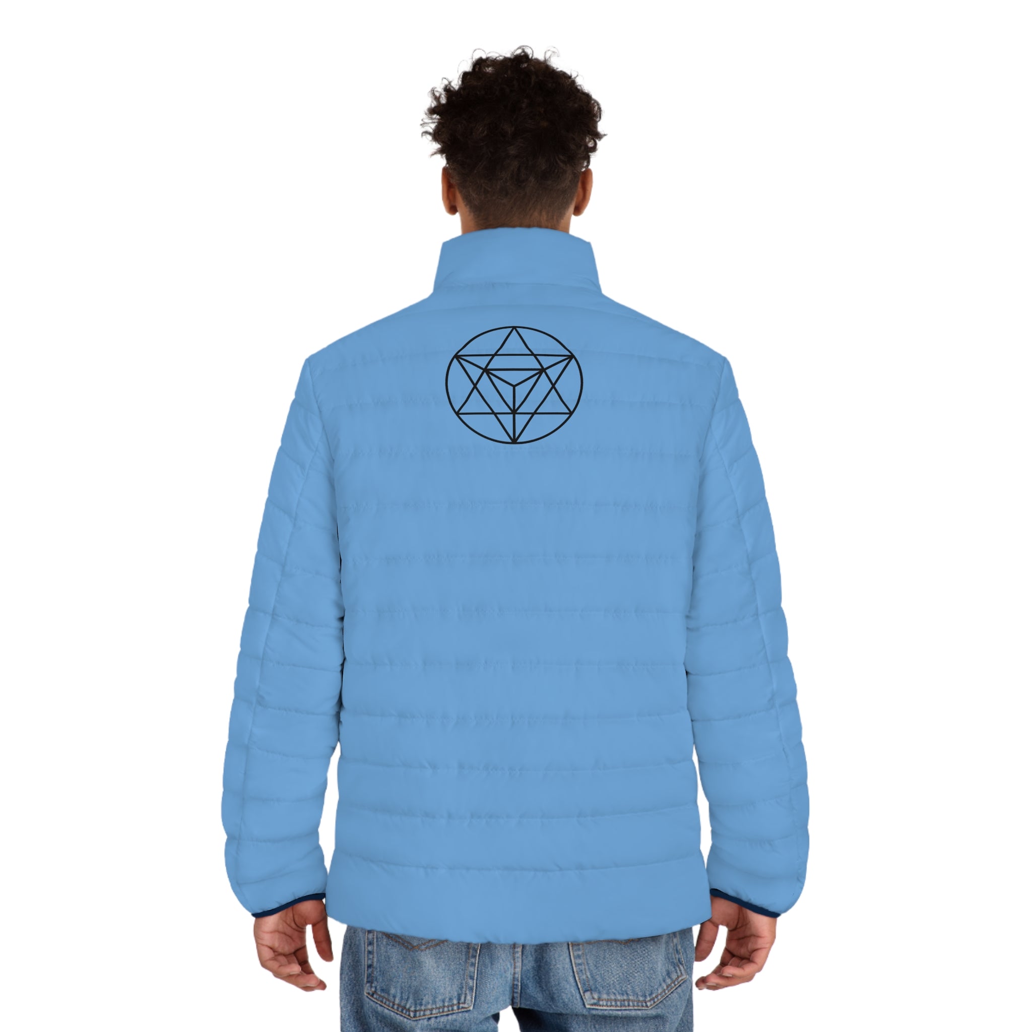 Ankh & Sacred Geometry Puffer Jacket — Men's Light Blue Insulated Coat