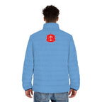 Blue Puffer Jacket with Nordic Sigil Design – Men's Winter Coat