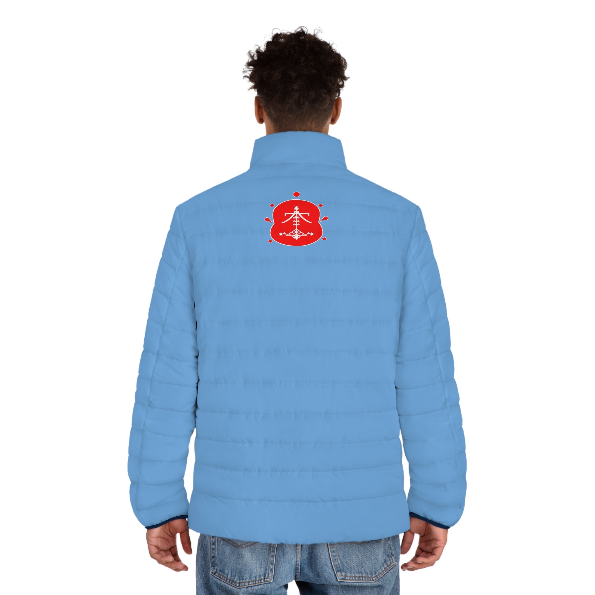 Ankh & Sacred Geometry Puffer Jacket — Men's Light Blue Insulated Coat