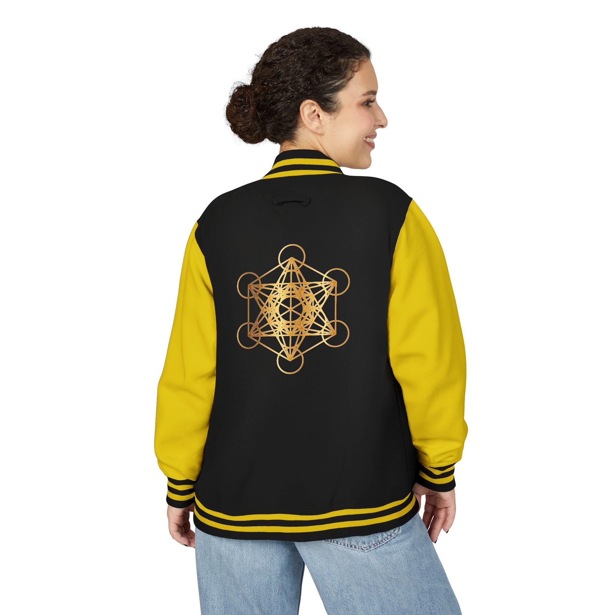 Ankh Letterman Jacket — Retro Black & White Varsity Jacket with Golden Ankh Patch