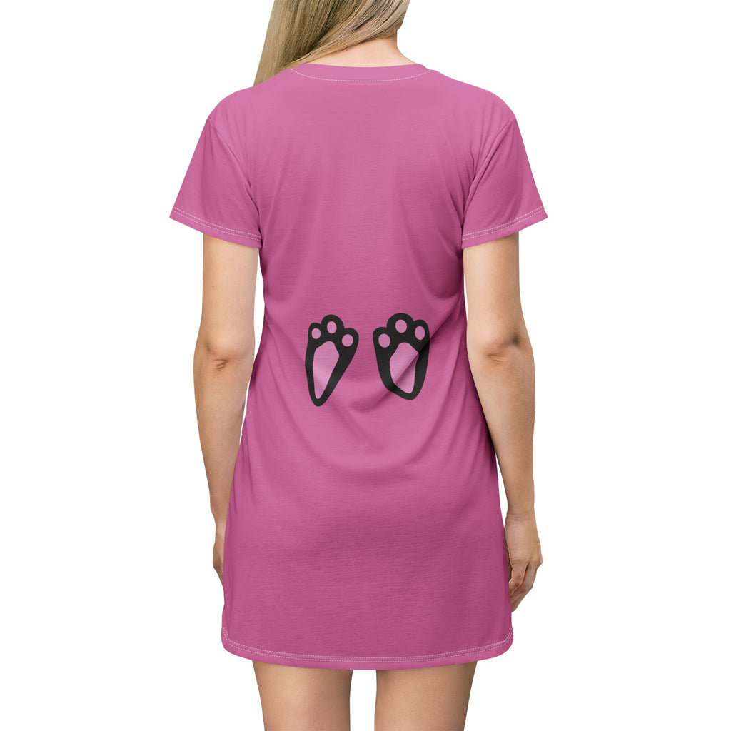 Om Symbol T-Shirt Dress — Pink Yoga & Spiritual AOP Dress with Footprint Motif