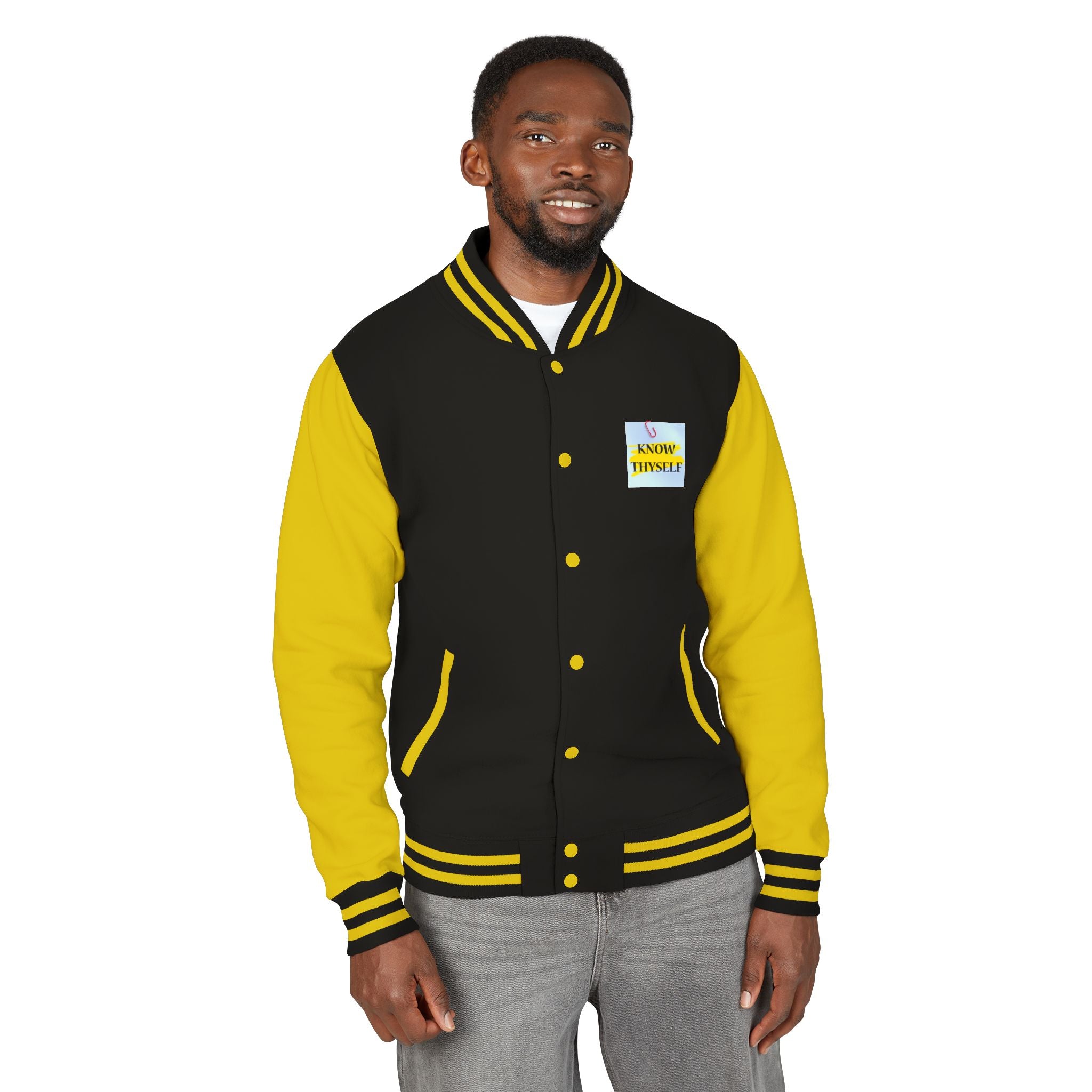 Ankh Letterman Jacket — Retro Black & White Varsity Jacket with Golden Ankh Patch