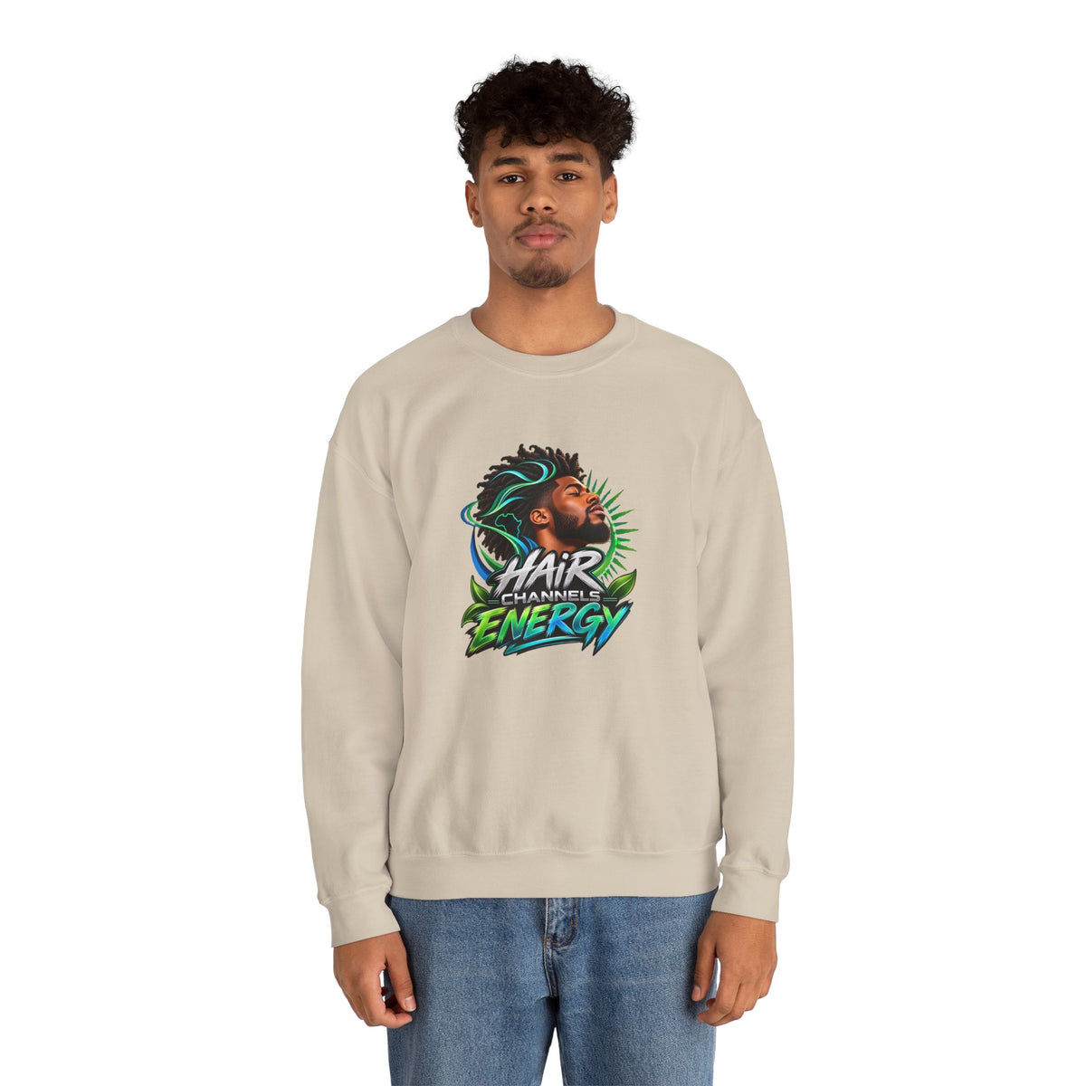 Crewneck Sweatshirt – "Hair Channels Energy" Graphic Pullover (Lad Like a Boss Back)