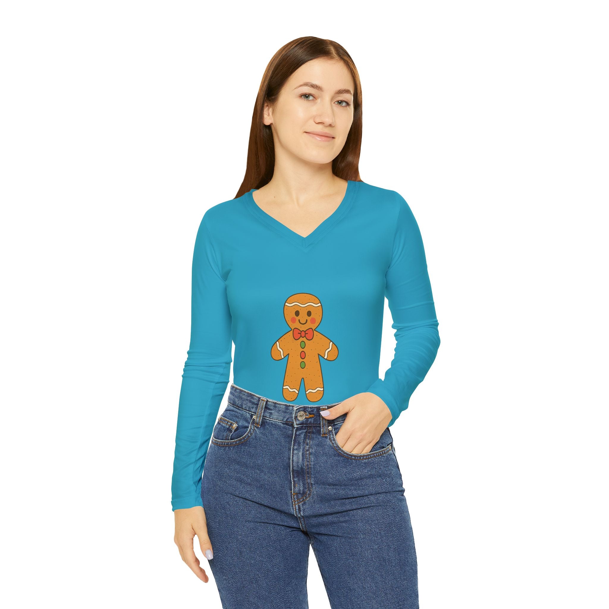 Gingerbread Smile Women's V-Neck Long Sleeve Shirt