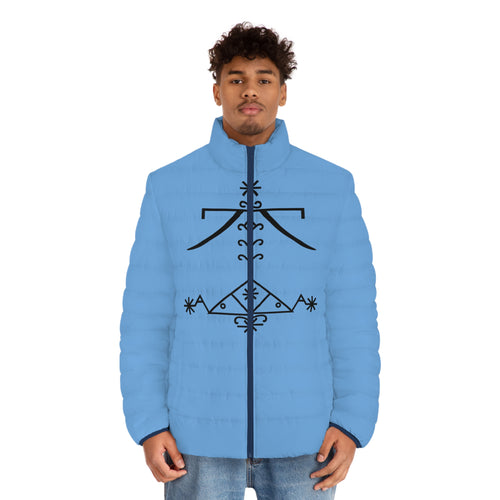 Ankh & Sacred Geometry Puffer Jacket — Men's Light Blue Insulated Coat