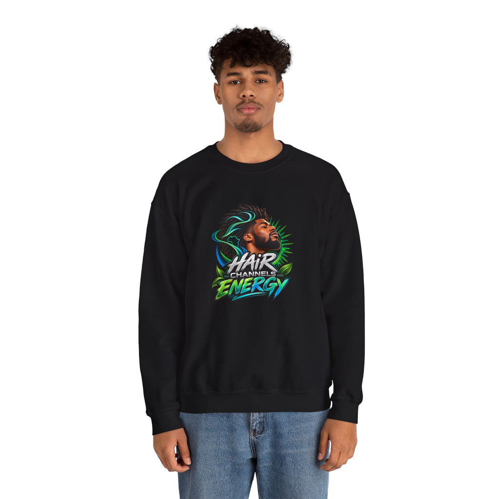 Crewneck Sweatshirt – "Hair Channels Energy" Graphic Pullover (Lad Like a Boss Back)