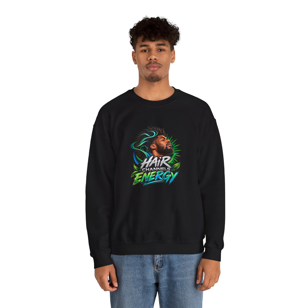 Crewneck Sweatshirt – "Hair Channels Energy" Graphic Pullover (Lad Like a Boss Back)