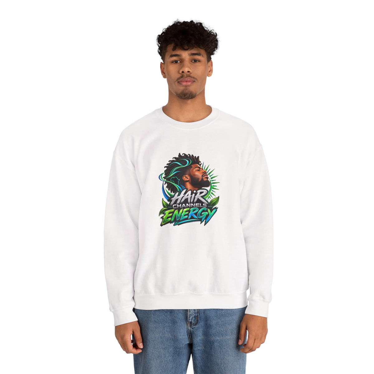 Crewneck Sweatshirt – "Hair Channels Energy" Graphic Pullover (Lad Like a Boss Back)