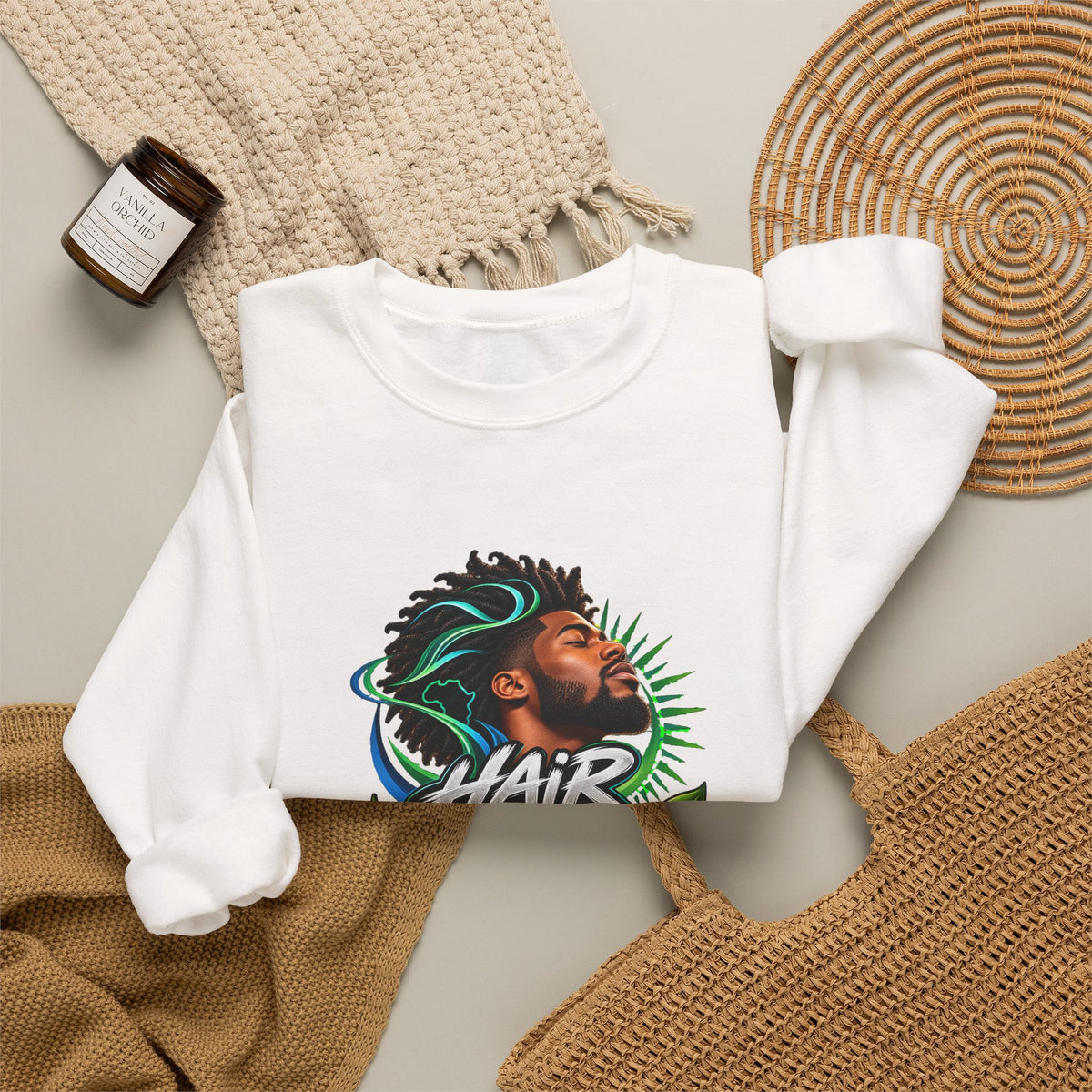 Crewneck Sweatshirt – "Hair Channels Energy" Graphic Pullover (Lad Like a Boss Back)