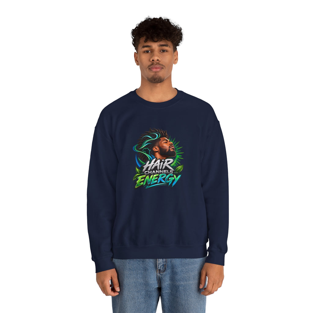 Crewneck Sweatshirt – "Hair Channels Energy" Graphic Pullover (Lad Like a Boss Back)