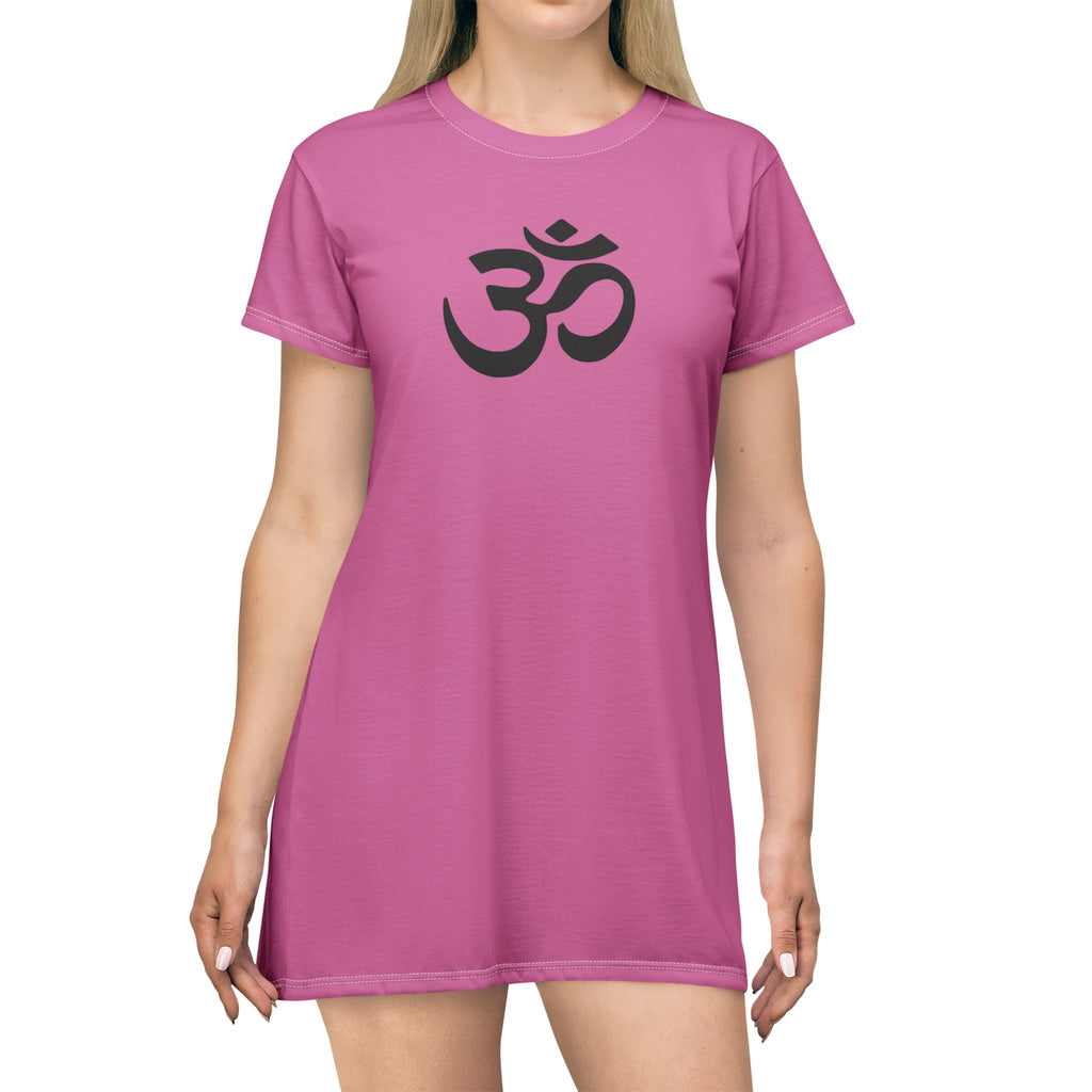 Om Symbol T-Shirt Dress — Pink Yoga & Spiritual AOP Dress with Footprint Motif