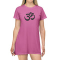 Om Symbol T-Shirt Dress — Pink Yoga & Spiritual AOP Dress with Footprint Motif