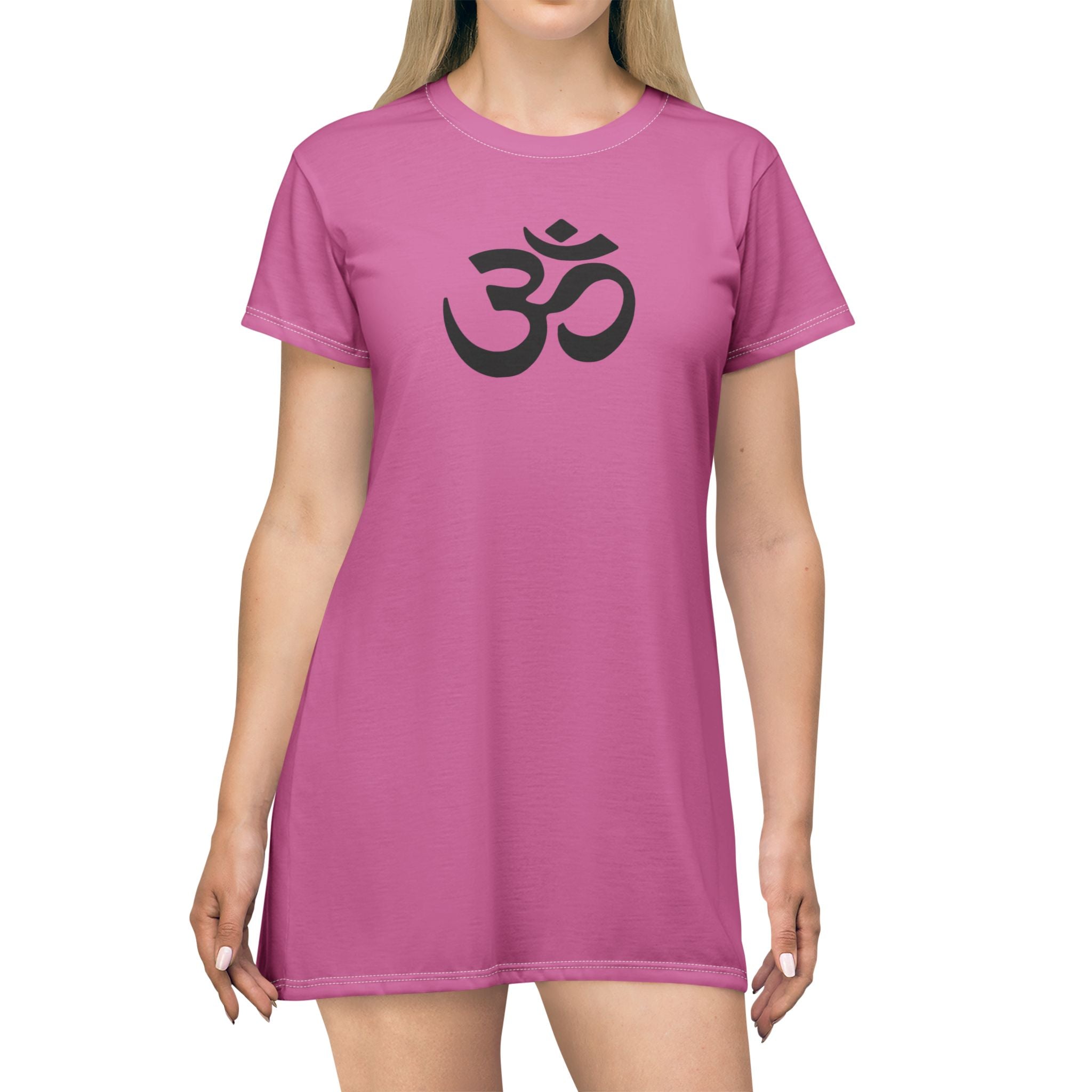 Om Symbol T-Shirt Dress — Pink Yoga & Spiritual AOP Dress with Footprint Motif
