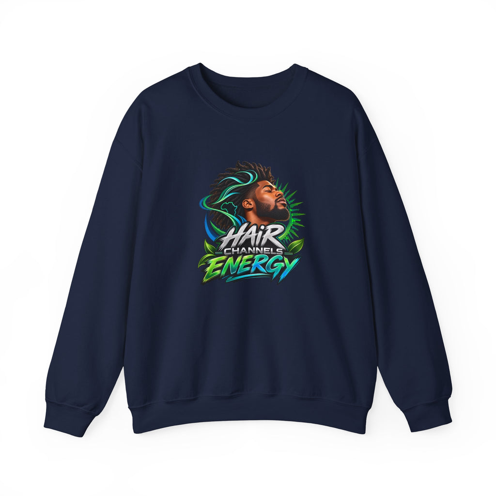 Crewneck Sweatshirt – "Hair Channels Energy" Graphic Pullover (Lad Like a Boss Back)
