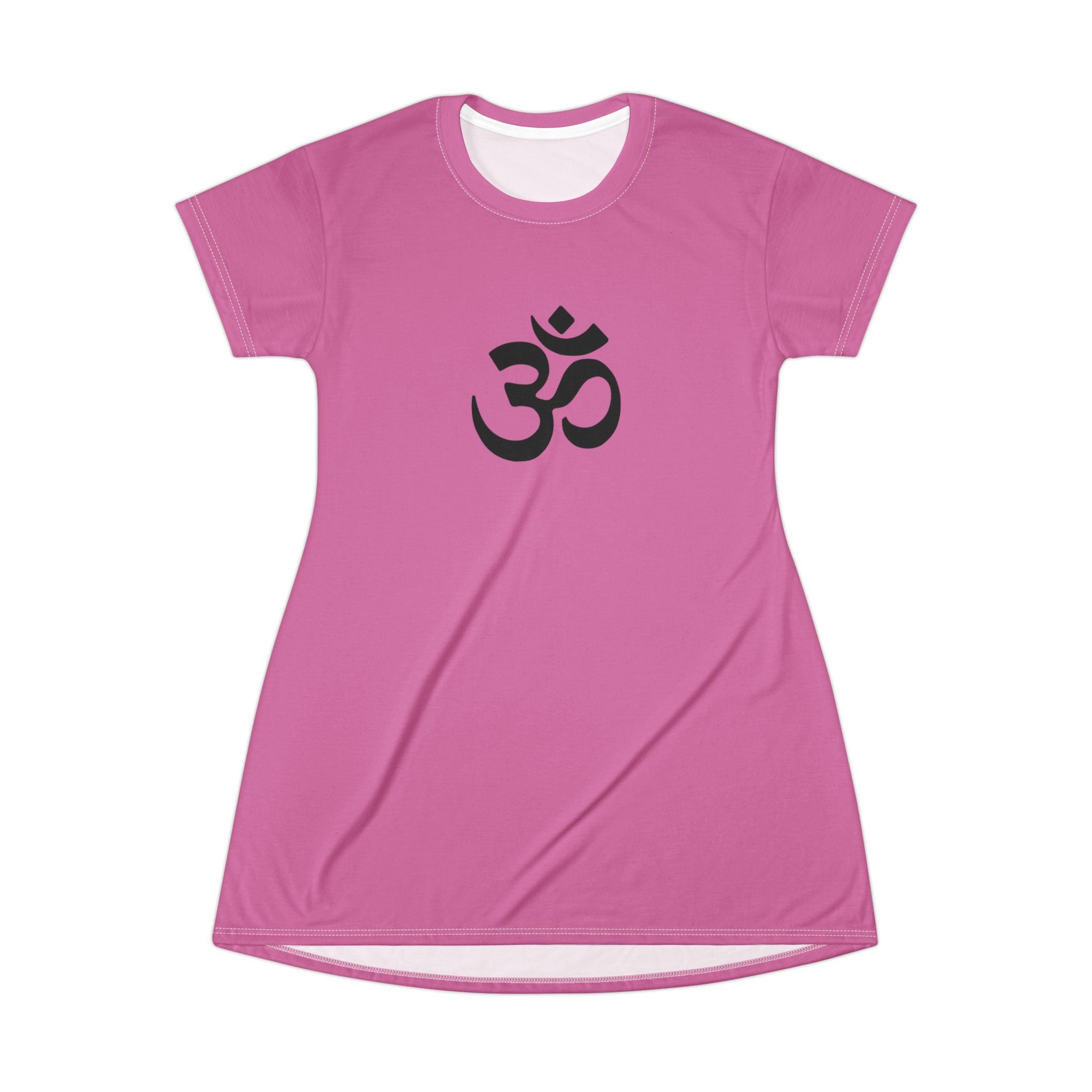 Om Symbol T-Shirt Dress — Pink Yoga & Spiritual AOP Dress with Footprint Motif