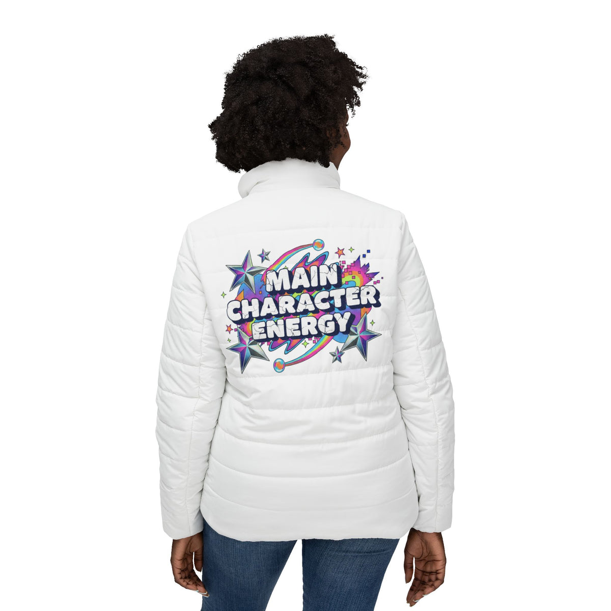 Main Character Energy Women’s Puffer Jacket — Cute Heart Graphic Winter Coat