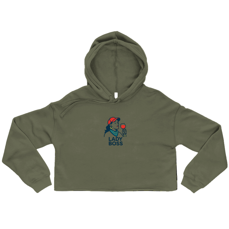 Green cropped hoodie with 'Lady Boss' graphic on a white background