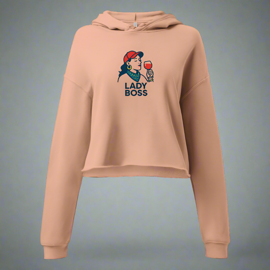 Beige hoodie with 'Lady Boss' graphic design on a white background