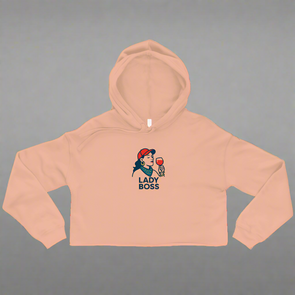 Beige cropped hoodie with 'Lady Boss' graphic on a white background